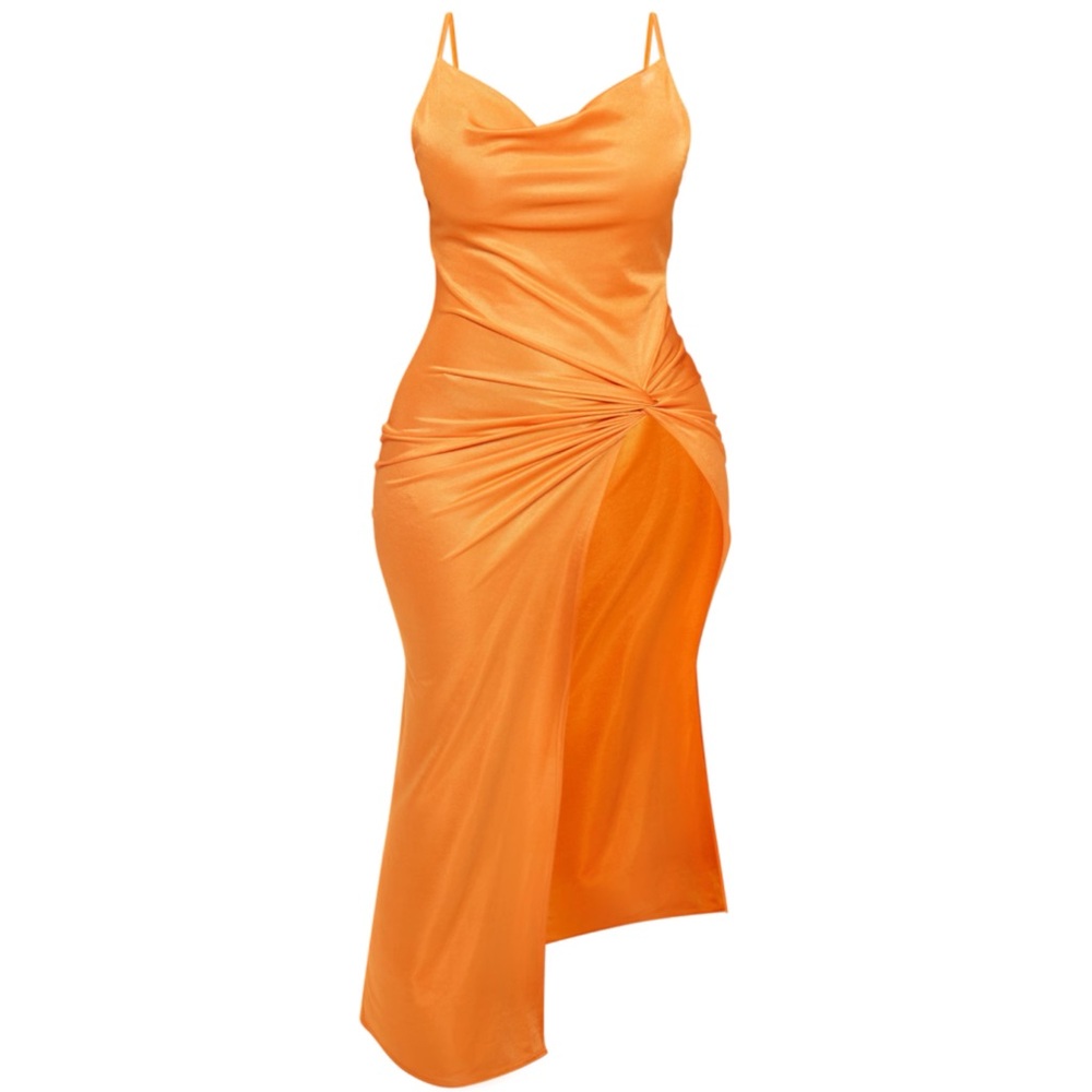 Shape Bright Orange Satin Cowl Neck Cross Back Knot Side
Midaxi Dress